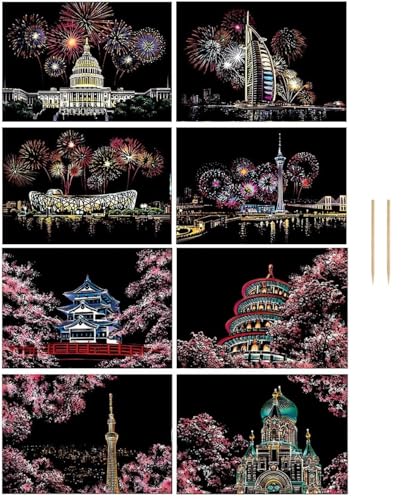 himsyuden A4 スクラッチアート 8枚セット 削るだけで美しいアート 面白い塗り絵 桜 花火 世界の夜景 有名な観光地 DIY スクラッチボード ペーパーアート お絵描き 彫刻アート 誕生日 子供プレ
