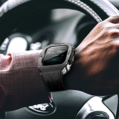 高級メタルケース Apple Watch 9 8 7 45mm 6 44mmバンド カバー付き 高耐久 頑丈なケース シリコンストラップ 男性用 iWatch 6 5 4 SE 44mmフル保護カバー (ブラック-シルバー)