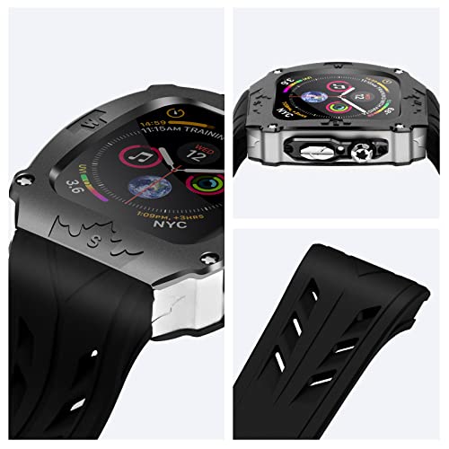 高級メタルケース Apple Watch 9 8 7 45mm 6 44mmバンド カバー付き 高耐久 頑丈なケース シリコンストラップ 男性用 iWatch 6 5 4 SE 44mmフル保護カバー (ブラック-シルバー)