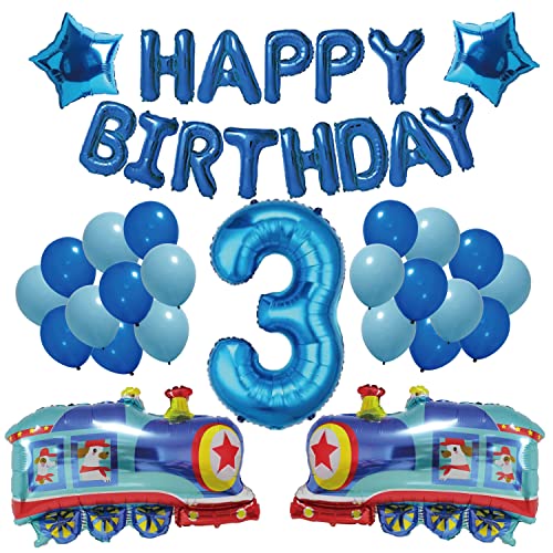 【風船屋】選べる数字 電車 誕生日 3歳 飾り付け ブルー 男の子 アルミバルーン 犬 運転手さん ナンバーバルーン 数字 (3歳専用)