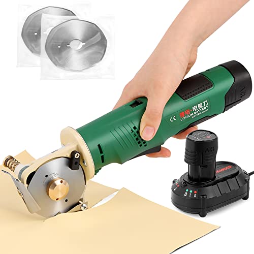 Spolehli 電池式 電動カッター コードレス 切断厚み25mm 軽量 170W 1400rpm 手持ち式裁断機 φ70替刃2枚付き 布/レザー/合皮/雑材/段ボールに適用 工事不要 日本語説明書付き (φ70 2000mAH)