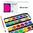 AUREUO 固形水彩絵の具セット - 24色の鮮やかな水彩顔料、プラスチックパレットと絵筆付き 旅行向けの無毒顔料 - 子供、学生、初心者、絵画愛好家向けの塗料