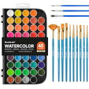 Shuttle Art 固形水彩絵具 48色セット 固体水彩 水彩絵の具 ブラシ13本 パレット 透明 溶けやすい 速乾 大人の塗り絵 水彩画 お絵描き 野外スケッチ用 携帯便利 美術 画材セット 学校用 初心者