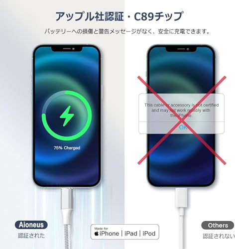 Aioneus ライトニングケーブル 短い 30cm 2本セット iPhone 充電器 ケーブル 0.3m Lightningケーブル アイホン充電コード ナイロン編み アイフォン充電ケーブル iPhone 14 13 12 11 XS XR Pro Max 8 7 plus SE