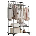 CozyTime ハンガーラック 2段 頑丈 洋服ラック パイプハンガー コート掛け 大容量 組立簡単 360度回転キャスター付き 防サビ 防水 耐腐食性 (ブラック)