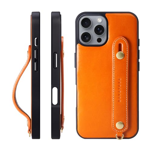 HANATORA iPhone16ProMax ケース 本革 耐衝撃 背面ベルト ストラップリング スマホケース スマホ スタンド機能 ネックストラップ 付き イタリアンレザー ギフト マグネットなし オレンジ TGH-16ProMax-