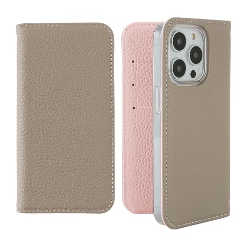 HanaRo iPhone15Pro グレー×ピンク iPhone15Proケース レザー 本革 シュリンクレザーケース バイカラー 手帳型