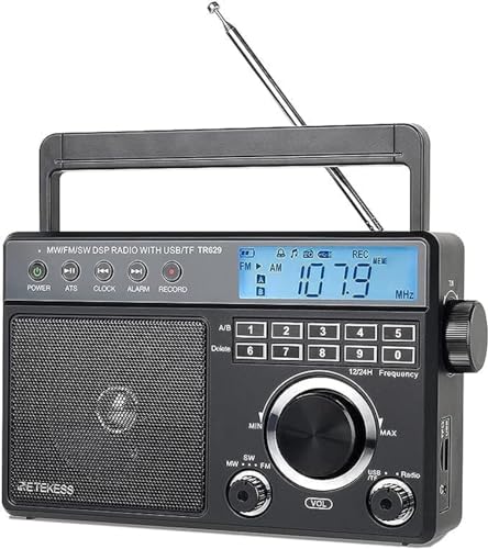 Retekess TR629ラジオ ポータブルラジオ 携帯デジタルラジオ AM FM MWラジオ バックライト LCD ディスプレイ 目覚まし時計 録音 USB/TFカードをサポート機能 2つの電源供給方式 高感度 DSP防災ラジオ