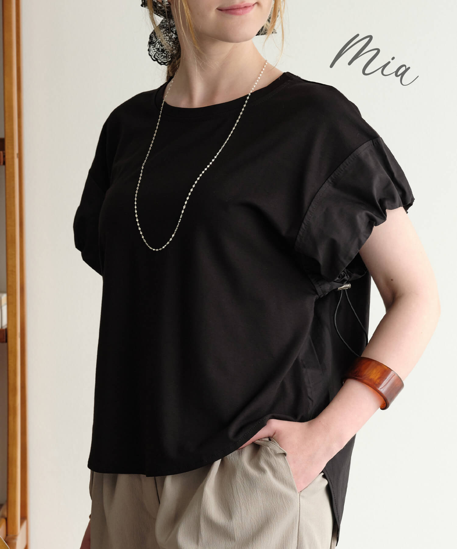 【30%OFFクーポン使える★8/17迄】【MIA/ミア】異素材バルーンスリーブPO/レディース カットソー Tシャツ クルーネック カジュアル きれいめ ゆったり 体型カバー 大きいサイズ ゆったり 半袖 春夏 シンプルTシャツのサムネイル