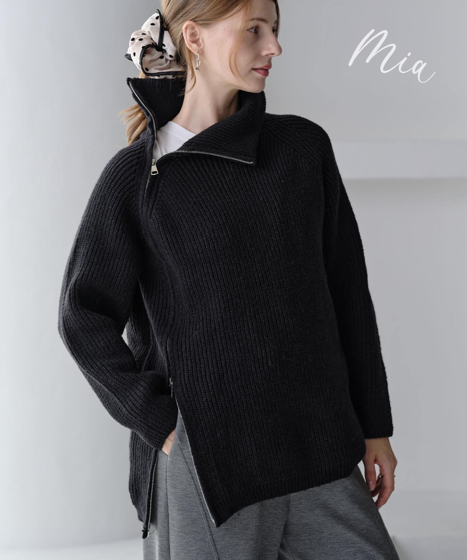 【MIA/ミア】デザインZIPニットPO/ニット セーター レディース トップス 長袖 タートルネック リラックス チュニック ベーシック 秋冬のサムネイル