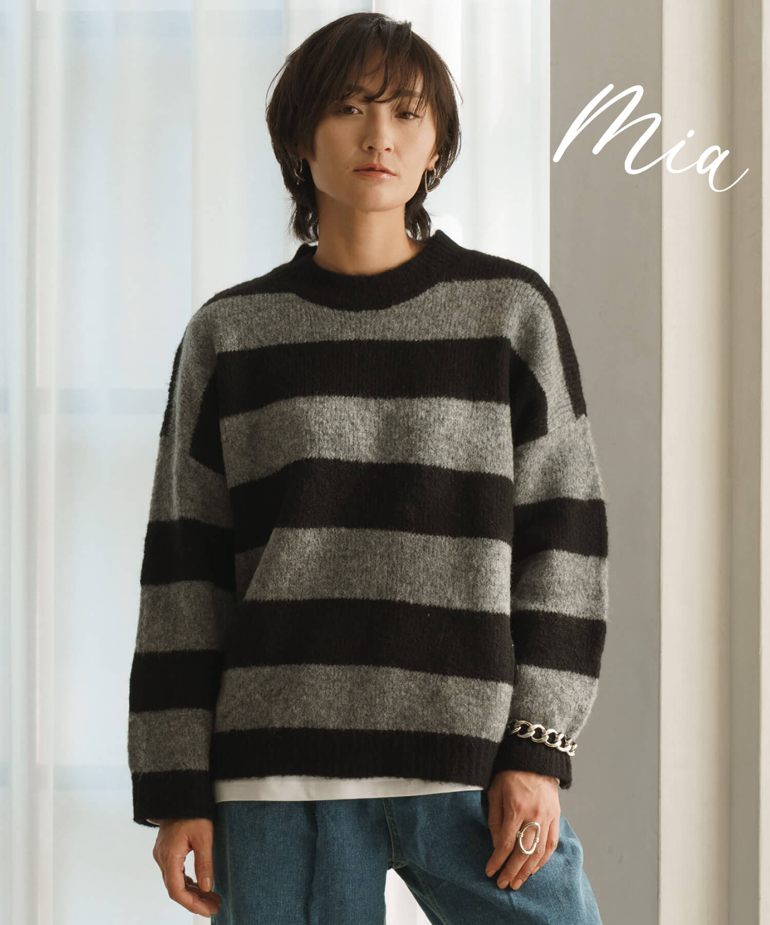 【MIA/ミア】ボーダークルーネックプルオーバー/ニット セーター レディース トップス 長袖 クルーネック リラックス 秋冬 ボーダーのサムネイル