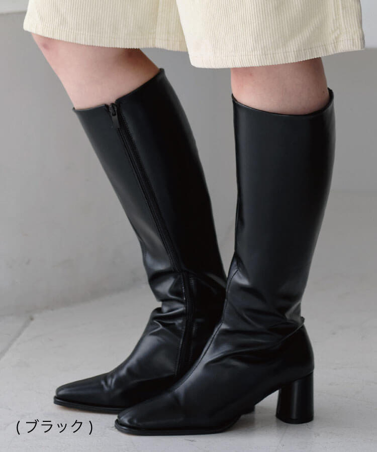 スクエアトゥ美シルエットヒールロングブーツ スクエアトゥ レディース ブーツ ロングブーツ 合皮 フェイクレザー 太ヒール 5.5cm ジョッキーブーツ 歩きやすい 痛くない 美脚 サイドジップ お出かけ 通勤 細見え