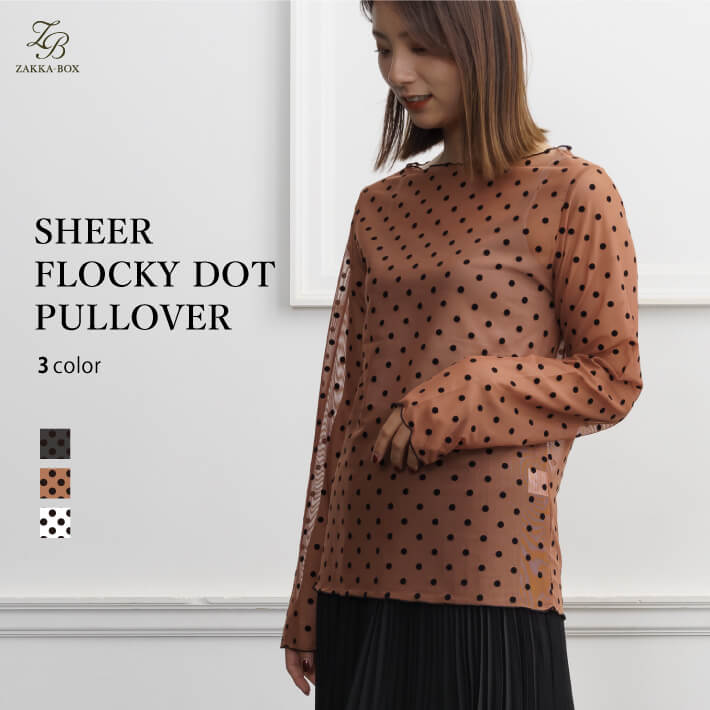 【50%OFFクーポン使える！5/7まで】シアーフロッキードットプルオーバー【レディース トップス メッシュトップス メロウ ドット柄 ボートネック 長袖 丈長め インナー レイヤード ゆったり カットソー 透け感 シアー きれいめ 大人カジュアル】のサムネイル