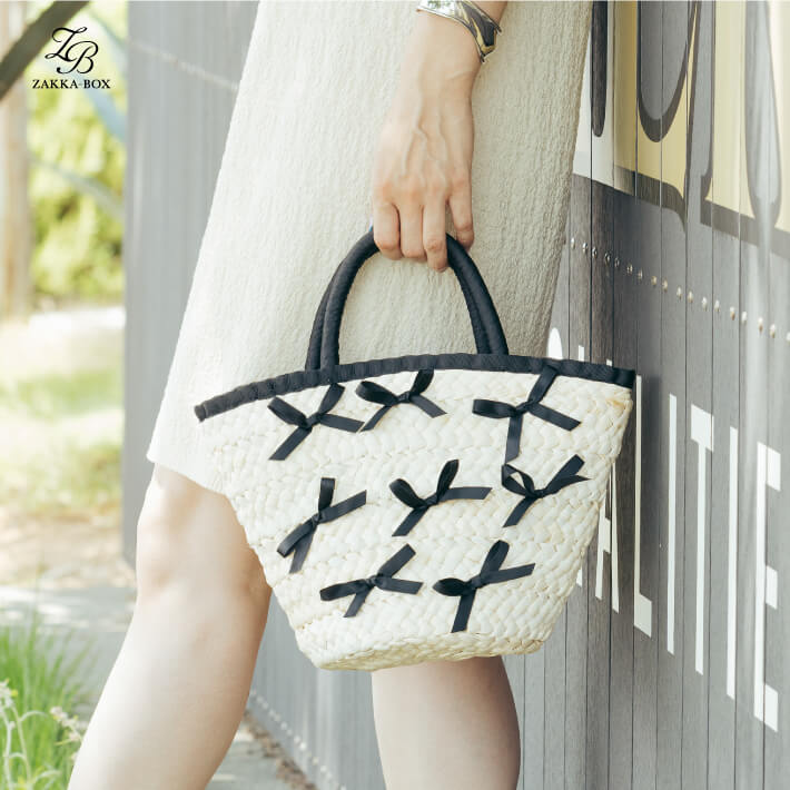 リボンバスケットバッグ【レディース バッグ 鞄 カゴバッグ かごバッグ カゴバック かごバック バシュケットバッグ リボンバッグ リボンモチーフ 夏 お出かけ 旅行 夏休み 休日コーデ ブラック 】のサムネイル