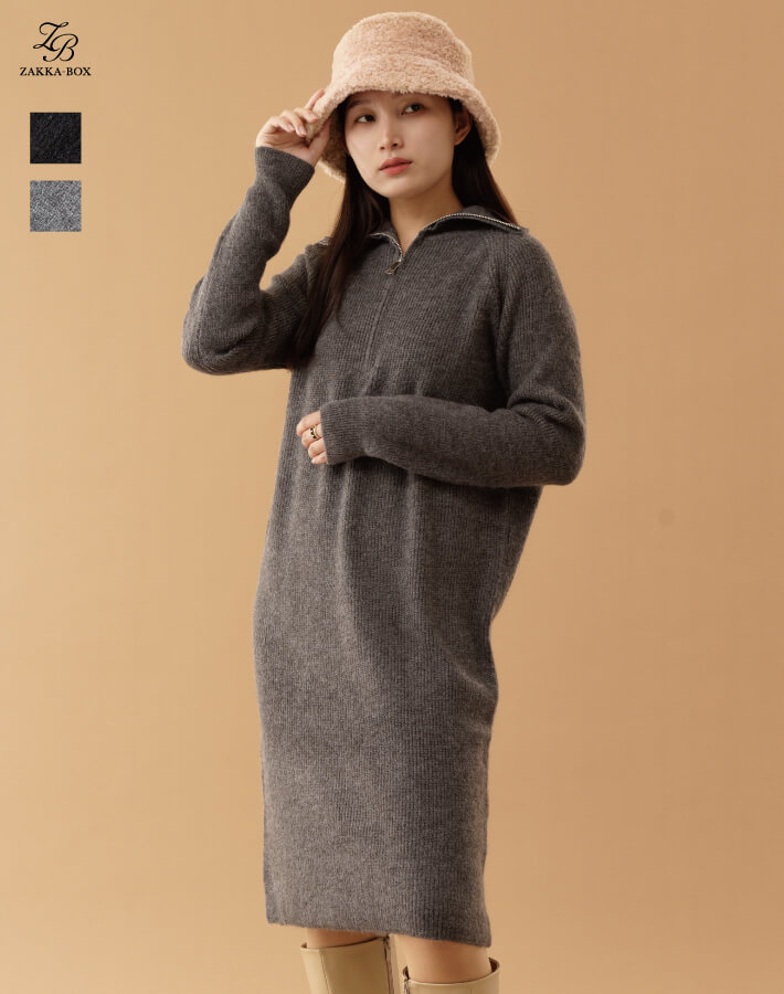 リブニットZIPワンピース レディース ワンピース トップス ボトム スカート ジップ シンプル 大人カジュアル トレンド ニットワンピース ロング丈 ミディアム 長袖 ワンピ 新作のサムネイル