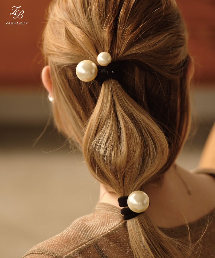 パールヘアゴム レディース ヘアゴム ヘアアクセサリー 太め かわいい パール ジャージ やわらか ギフト プレゼント クリスマス 痛くなりにくい 大人っぽい お仕事 オフィス 学校 セット 黒のサムネイル
