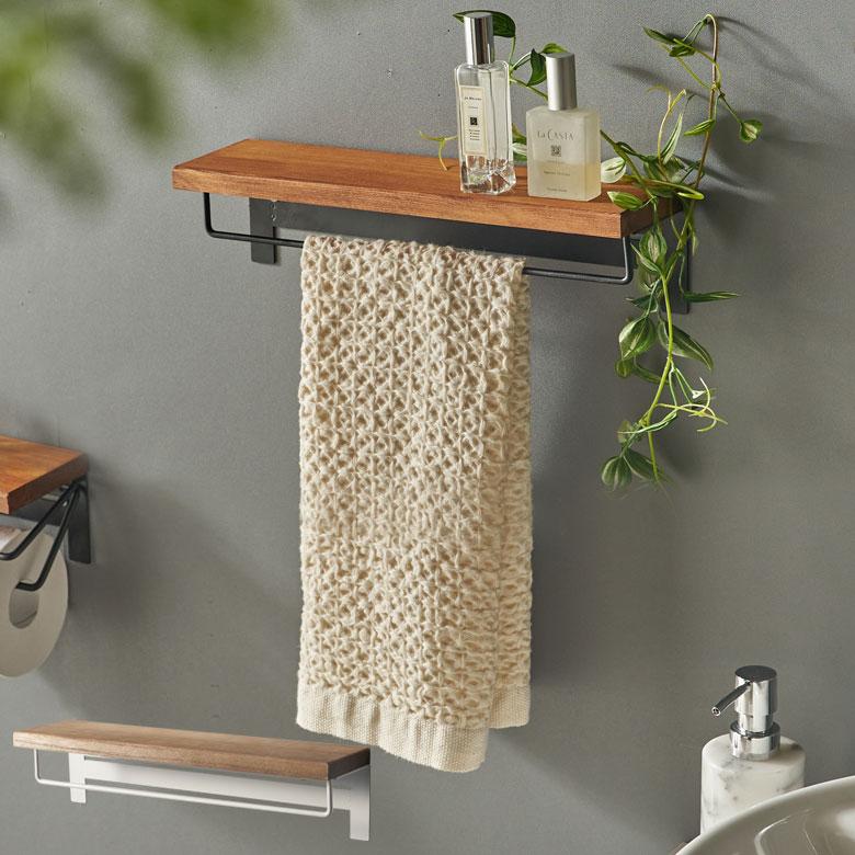 タオルハンガー タオルラック ワイド 棚付き 天然木 木製 アイアン 約 W 35cm D 9.5cm H 9cm ブラウン ベージュ フェイスタオル ラック ...