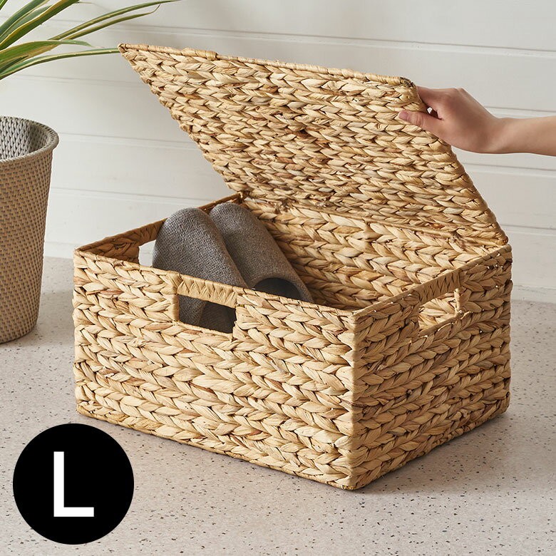 【最大500円クーポン】 かご バスケット 蓋付き Lサイズ 収納ボックス フタ付き 約 W 43 cm D 35 cm H 23 cm カゴ 収納かご 収納バスケット 持ち手 ハンドル 付き 荷物 おもちゃ 衣類 入れ ケース ウォーターヒヤシンス ナチュラル おしゃれ 北欧 リゾート 雑貨[51370]
