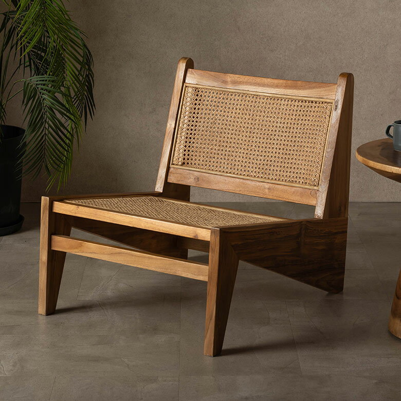 ラウンジチェア 天然木 ラタンチェア ラタン 座椅子 椅子 木製 アームレス チェア 一人掛け チークウッド デザインチェア ピエール ジャンヌレ リプロダクト 北欧 韓国 家具 インテリア 無垢材 おしゃれ 西海岸インテリア サーフスタイル カリフォルニアスタイル [14381]