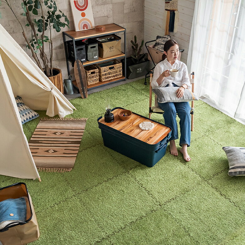 ジョイントマット 約 W 60cm D 60cm H 0.8cm ポリエステル EVA グリーン 36枚セット 大判 フロアマット EVAマット ホットカーペット対応 おしゃれ ナチュラル 芝生風 人工芝 子供部屋 アウトドア リビング 防音 衝撃吸収 カットOK インテリア 西海岸 [set-99098-4]