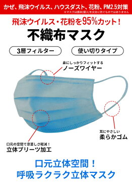 【4月20日より順次発送】 マスク 50枚入り 箱 使い捨て ブルー 3層構造 ウイルス 対策 予防 花粉 風邪 不織布マスク 大人用 ふつうサイズ