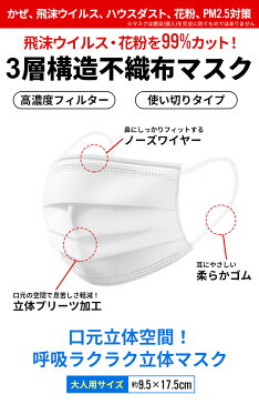 【4月18日より順次発送】 マスク 50枚 箱 使い捨て 白 ホワイト 3層構造 ウイルス 対策 予防 花粉 風邪