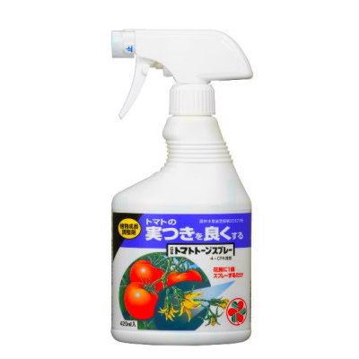 【概要と特徴】 トマトは花が咲いても実がつかないことがよくあります。 本剤にはトマトの実つきを良くし、果実を肥大させ、更に熟期を促進する効果があります。 スプレー剤なので、薄める手間がなく、手軽に使えます 剤型・使用方法/ スプレー剤 : そのままスプレー 【使用目的】 着果増進、果実の肥大促進、熟期の促進 対象作物/ (野菜) トマト 薬剤登録/農林水産省登録第20321号 有効成分/4-CPA 【容量】420ml入 メーカー/住友化学園芸株式会社 ※製品の外観、仕様は改良のため、予告なく変更する場合がございます。 ※メーカー推奨用途以外にはご使用いただけませんので、予めご確認下さいませ。 ※実際に使用するは必ず商品ラベルをよく読み、記載内容従ってお使いください。