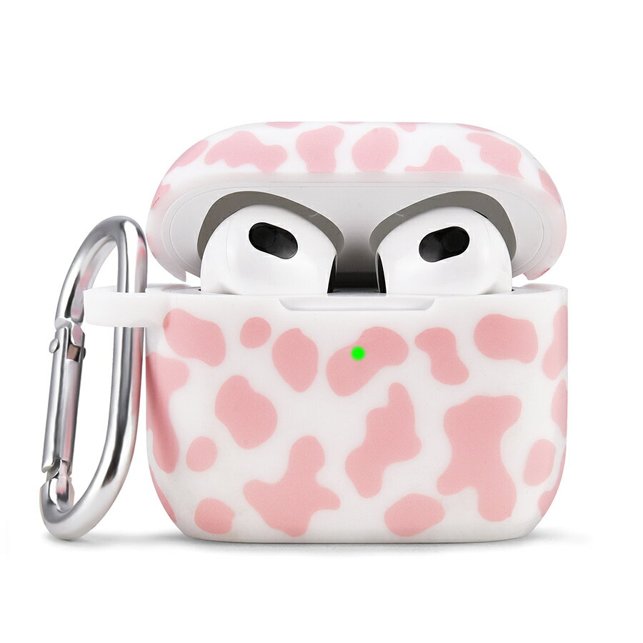 Air Pods 3 対応 ケース カバー ソフト シリコン 一体型 耐衝撃性 防水 落下防止 ワイヤレス充電 カラビナ付き LEDライト穴 アニマル柄 ダルメシアン 牛柄 おしゃれ 可愛い ピンク pods-071(2)