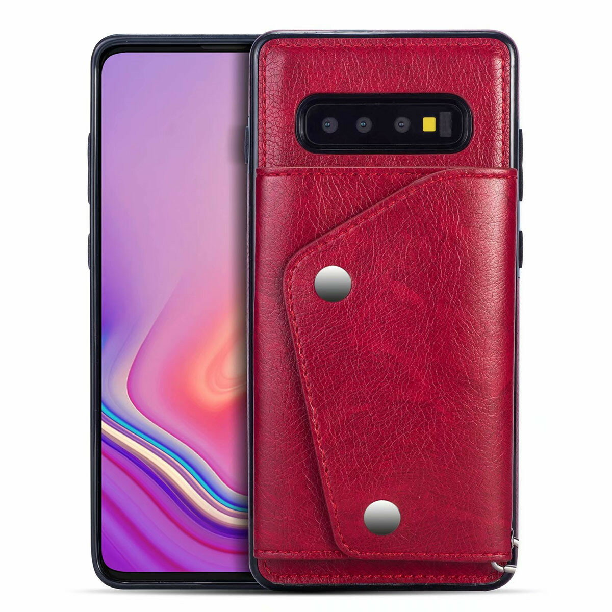 Galaxy S10 ケース カバー ソフトケース 背面ポケット型ケース 背面ケースレザー 合皮 ストラップ外側ポケット カード収納 SCV41 SC-03L レッド