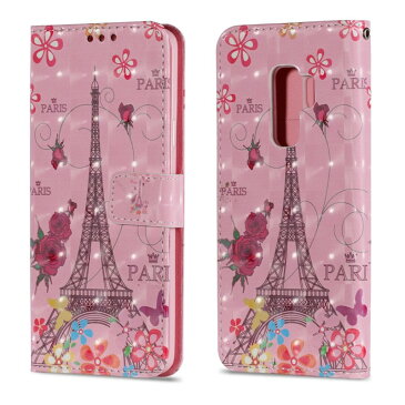 Galaxy S9 手帳型スマホケース かわいい ピンク ホログラム キラキラ エッフェル塔 フラワー 薔薇 レザー 合皮 マグネット開閉 閉じたまま通話可能 カード収納 スタンド機能付き ストラップ付き docomo ドコモ au SC-02K SCV38