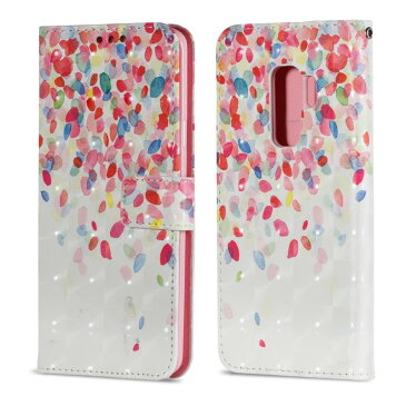 Galaxy S9 手帳型スマホケース 水彩画 カラフル アート ホログラム キラキラ かわいい レザー 合皮 マグネット開閉 閉じたまま通話可能 カード収納 スタンド機能付き ストラップ付き docomo ドコモ au SC-02K SCV38