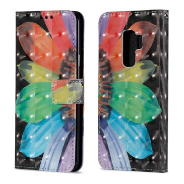 Galaxy S9 手帳型スマホケース 水彩画 ブラック カラフル アート イラスト フラワー ホログラム キラキラ レザー 合皮 マグネット開閉 閉じたまま通話可能 カード収納 スタンド機能付き ストラップ付き docomo ドコモ au SC-02K SCV38