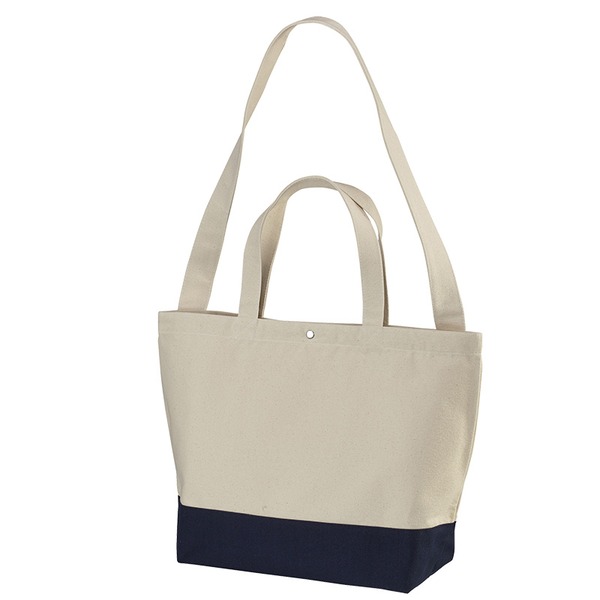 帆布製 スイッチング トートバッグ 2WAY ナチュラル×ネイビー 綿 キャンパス コットン 通気性 ユニセックス仕様 内ポケット付き (メーカー直送)