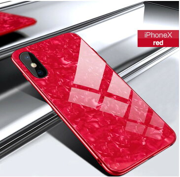 iPhoneX / iPhoneXS ケース スマホケース 背面ガラス TPUバンパー ハードケース ソフトケース ストラップホール付き シェル柄 オーロラ キラキラ 大人かわいい おしゃれ レッド 赤