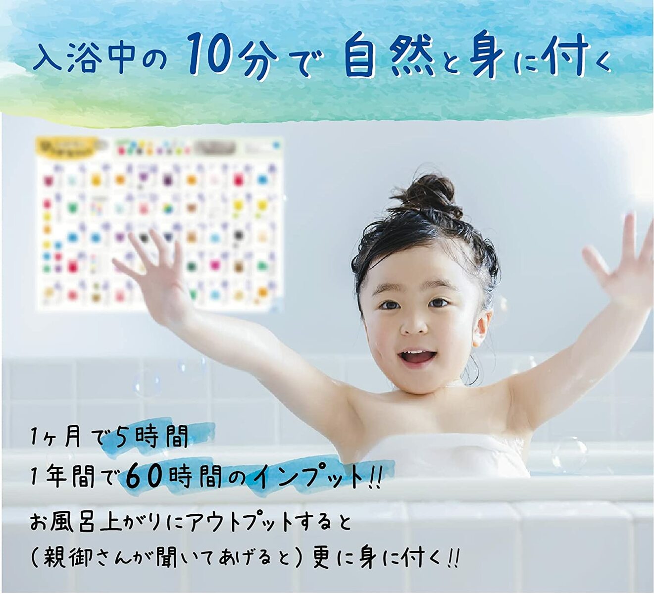 お風呂ポスター 【 あいうえお表 ひらがな A2サイズ (60×42cm) いぬ ねこ うさぎの色で覚える】 ノートライフ 日本製 A3ポスターおまけ付き すうじ表 ポスター 学習 お風呂 おすすめ かわいい 赤ちゃん おもちゃ 1歳