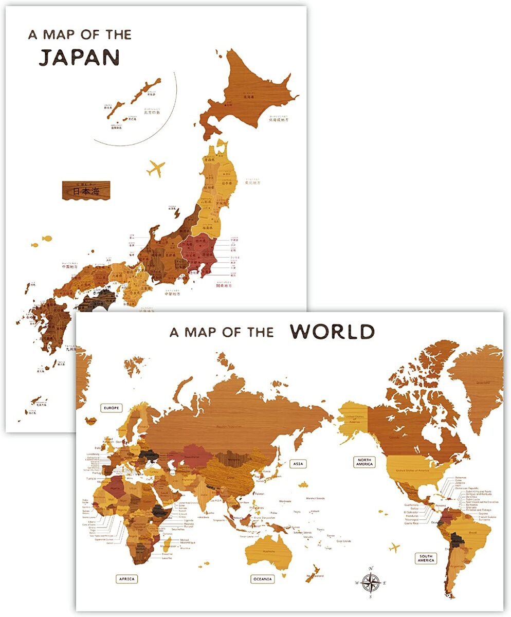 お風呂ポスター 【 木目柄の 日本地図 世界地図 2枚セット 】 地図 A2サイズ (60×42cm) 学習ポスター ノートライフ 日本製 知育 算数 防水 ポスター 学習 お風呂 ギフト プレゼント おすすめ おしゃれ 中学受験