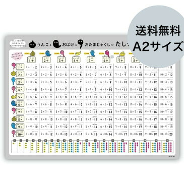 お風呂ポスター 【 たしざん うんこ おばけ おたまじゃくし デザイン】 学習ポスター A2 (60×42cm) ノートライフ たしざん表 日本製 知育 算数 防水 ポスター 学習 お風呂 おすすめ おしゃれ うんち おふろポスター