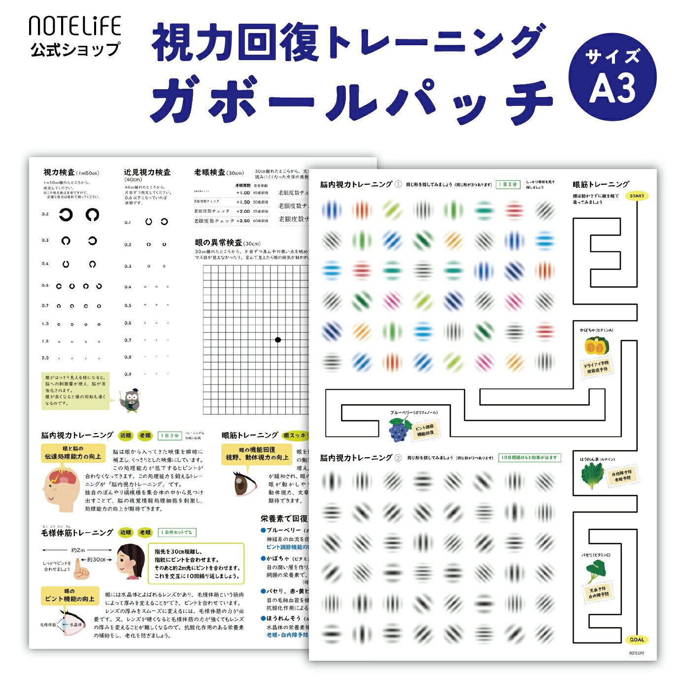 ガボールパッチ お風呂ポスター 視力 老眼 近視 回復 ノートライフ 日本製 防水（毎日のお風呂で、視力回復） A3 サイズ（42cm×30cm) 2枚セット 【 視力回復 ガボールアイ ガボール ポスター お風呂 風呂 ポスター ぽすたー おふろ 】