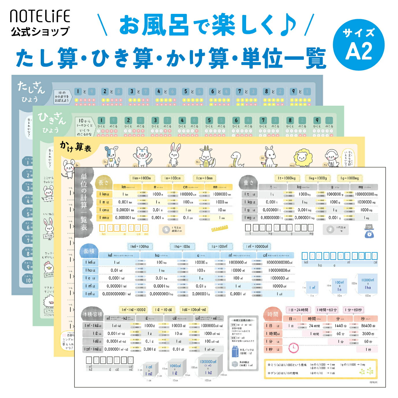 お風呂ポスター 【 単位の計算 たしざん ひきざん かけ算 4枚セット 】 A2 (60×42cm) 動物 （干支も覚えられる) すう…