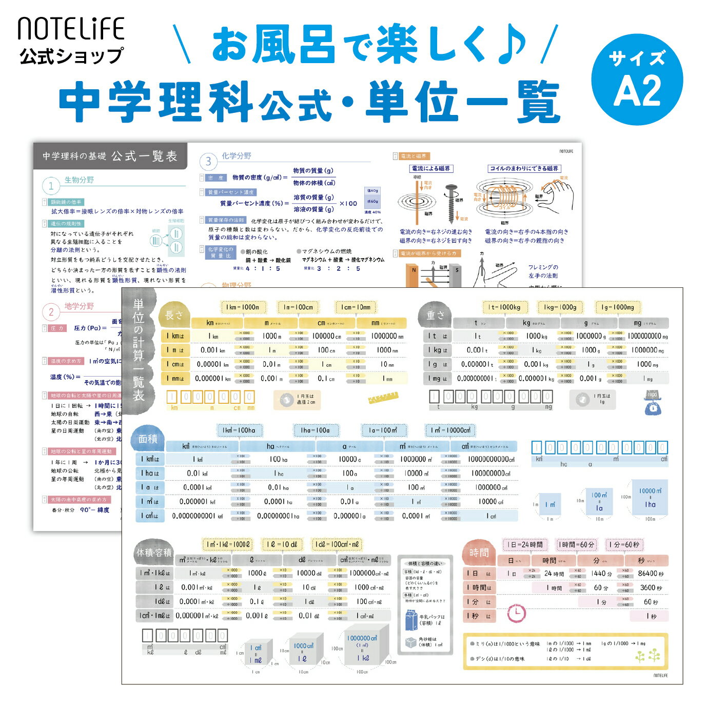 お風呂ポスター 【 単位の計算表 と 中学理科 公式 まとめのセット 】 A2 サイズ (60×42cm) 防水 日本製 ノートライフ お風呂 ポスター 学習 お風呂 おふろ プレゼント おすすめ おしゃれ 送料無料 ギフト 中学 理科 知育 中学受験 インテリア ( 2枚セット )