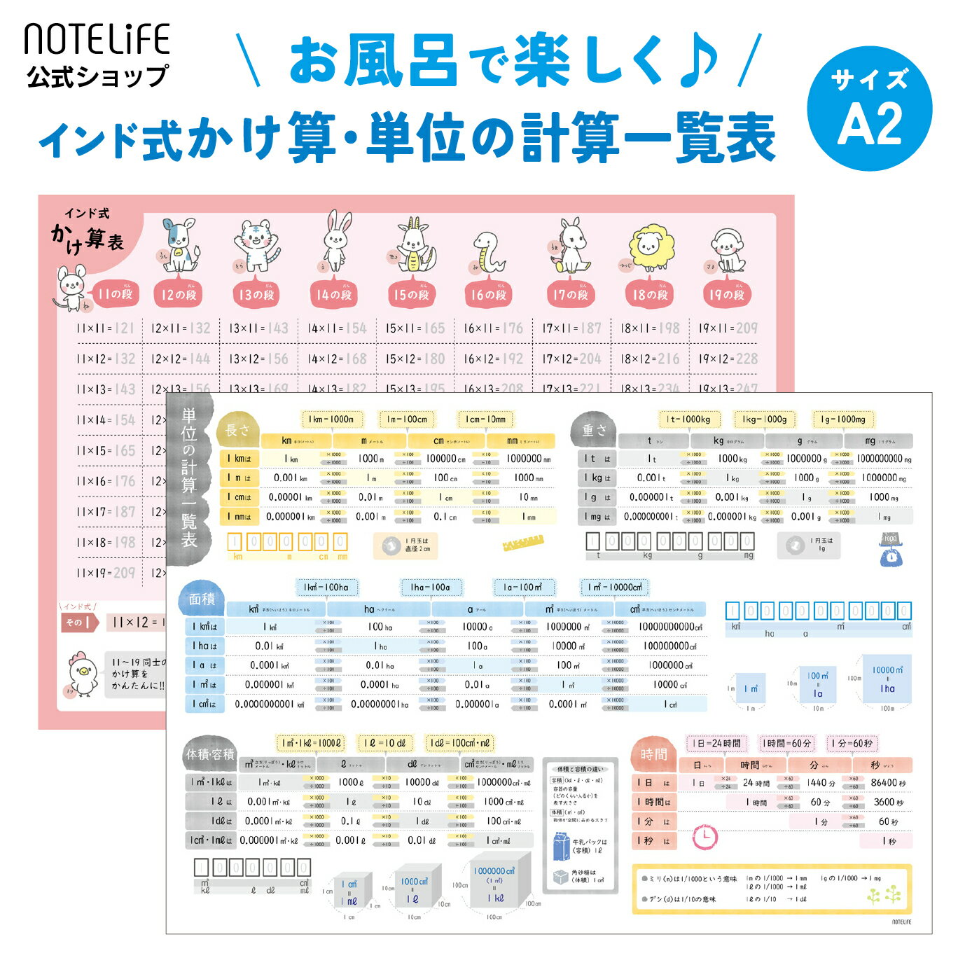 お風呂ポスター 【 インド式 単位の計算表 2枚セット どうぶつ 動物 （干支も覚えられる) 】 A2 (60×42cm) 日本製 防水 ノートライフ お風呂 ポスター 学習 英語 おすすめ 知育 計算 学習ポスター ギフト プレゼント 単位 インド式かけ算 小学生 算数