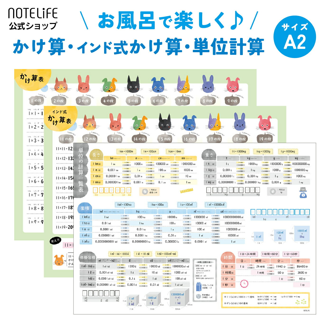 お風呂ポスター  A2 (60×42cm) 算数 日本製 防水 ノートライフ 学習ポスター インド式かけ算 ポスター 学習 お風呂 プレゼント おもちゃ おすすめ おしゃれ 知育 (いぬかけ算インド式3枚セット)