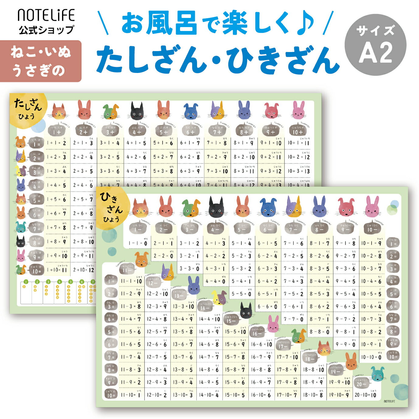 楽天日記 お風呂ポスター直営notelifeお風呂ポスター 【 たしざん ひきざん セット いぬ ねこ うさぎデザイン 】 学習ポスター たしざん表 A2 （60×42cm） 日本製 知育 算数 防水 お風呂 ポスター ノートライフ 学習 足し算 たし算 計算 おふろ ぽすたー 小学生 ギフト プレゼント おすすめ インテリア