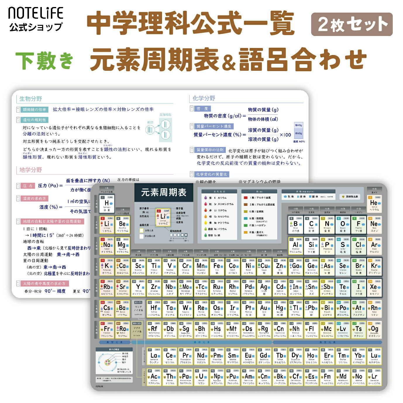 【下敷き 2枚セット】元素周期表+中学理科 A4(30×21cm) 日本製 ノートライフ|元素記号 原子番号 理科公式 受験 勉強 したじき