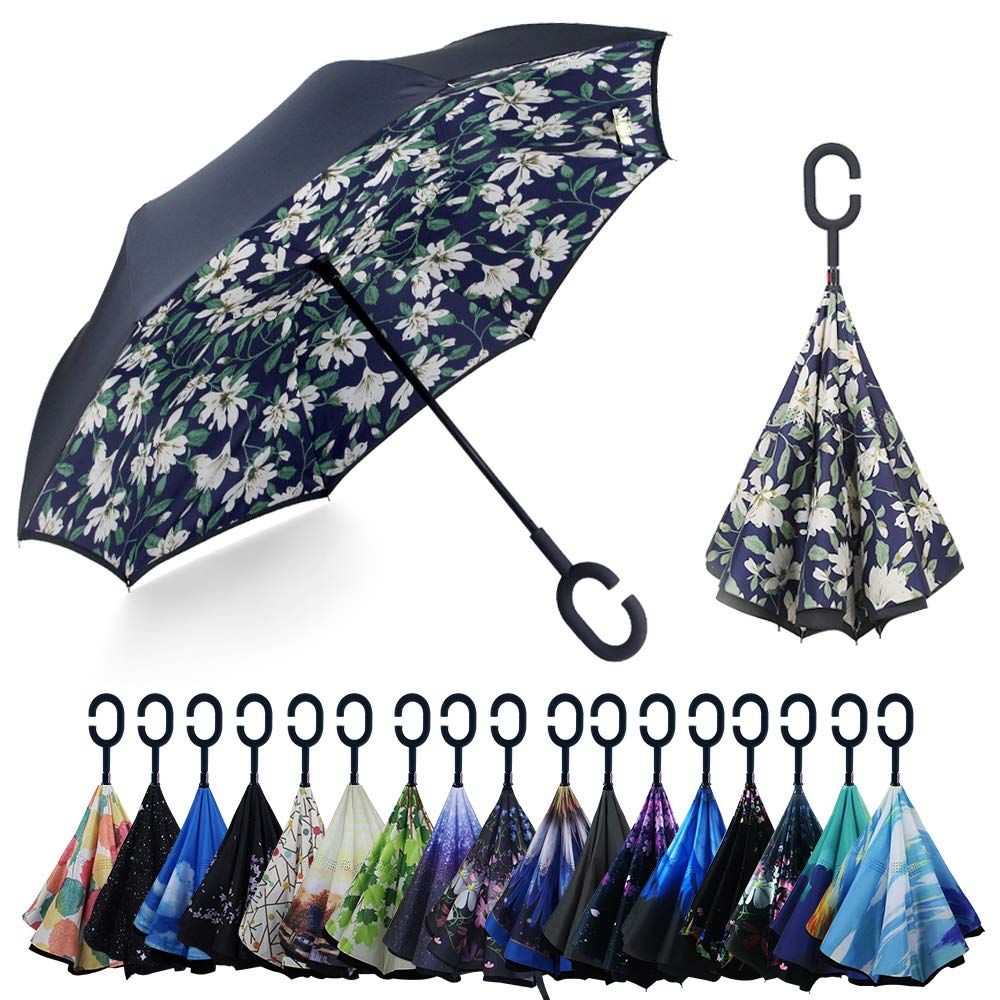 YOKITOMO 長傘 逆さ傘 丈夫 撥水 内外2枚の布の構成で耐風 熱中症対策 遮光 遮熱効果 閉じると自立可能 晴雨兼用 車用 晴雨兼用 車用 (ゆり花)