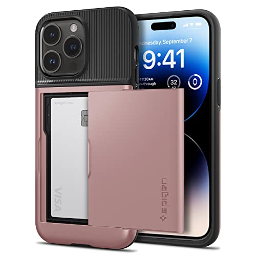 Spigen iPhone14Pro ケース カード 手帳型 収納ケース 2重構造 耐衝撃 米軍MIL規格取得 落下防止 IC カード ポケット パスケース スリム・アーマー CS ACS04981 (ローズ・ゴールド)