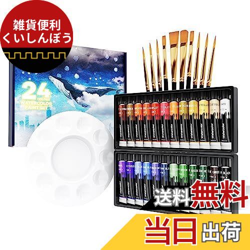 35点セット 透明水彩絵の具 24色 10本ブラシ&1個パレット付き チューブ 耐久性 速乾 手作り 手軽 木/卵/陶器/布に描ける 子供用 イラスト 塗り絵 ...