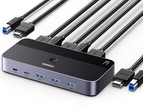 UGREEN KVM切替器 2入力1出力 KVM 切り替え器 4K@60Hz HDMI KVMスイッチ ドライバ不要 USB3.0 & USB C 切替器 キーボード マウス モニターを共有 USB セレクター AVセレクター