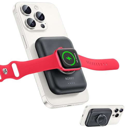 RORRY 【業界進化！magsafe対応モバイルバッテリー・スマホリング＆スタンド機能付】For Apple Watch充電器 ワイヤレス充電 5000mAh iPhoneとIWatch同時充電 小型 持ち運び便利 パススルー充電 急速 PSE認証済iPhone 15/14/13/12/Apple Watch Ultral2/Ultral/Series9/8/