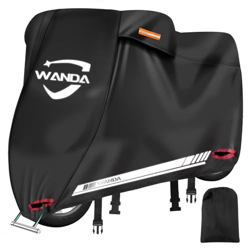 WANDA バイクカバー 【420D 全天候型 完全防水 最新型】 厚手 破れにくい 耐熱 溶けない UVカット 色褪せない 防水/撥水 水を弾く 蒸れない オートバイカバー スクーターカバー バイク用車体カバー ワンタッチバックル前後付き 幅広い反射ストライプ3箇所付き アイレット